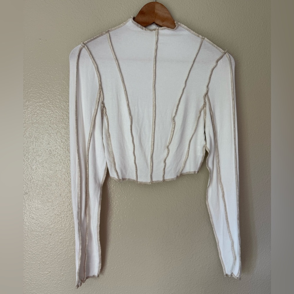 12th Tribe White Cropped Long Sleeve Bodysuit with Contrast Seams